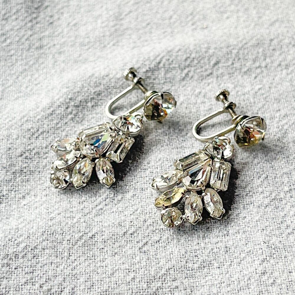 Vintage 1950s Rhinestone Drop Statement Earrings - Screw Backs - Formal Jewelry